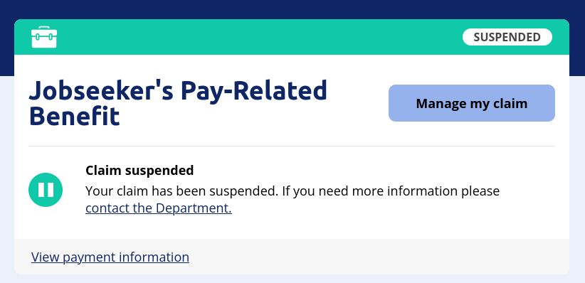 A notice about Jobseeker's Pay-Related Benefit stating "Your claim has been suspended"
